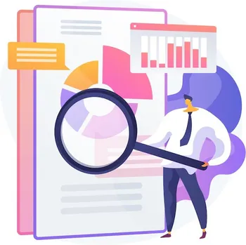 A person examining data charts and graphs with a large magnifying glass.